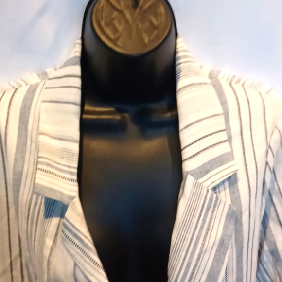 DREW Catalina Striped 3/4 Sleeve Linen Tie Sleeve Blazer Jacket M Blue White - Picture 2 of 6